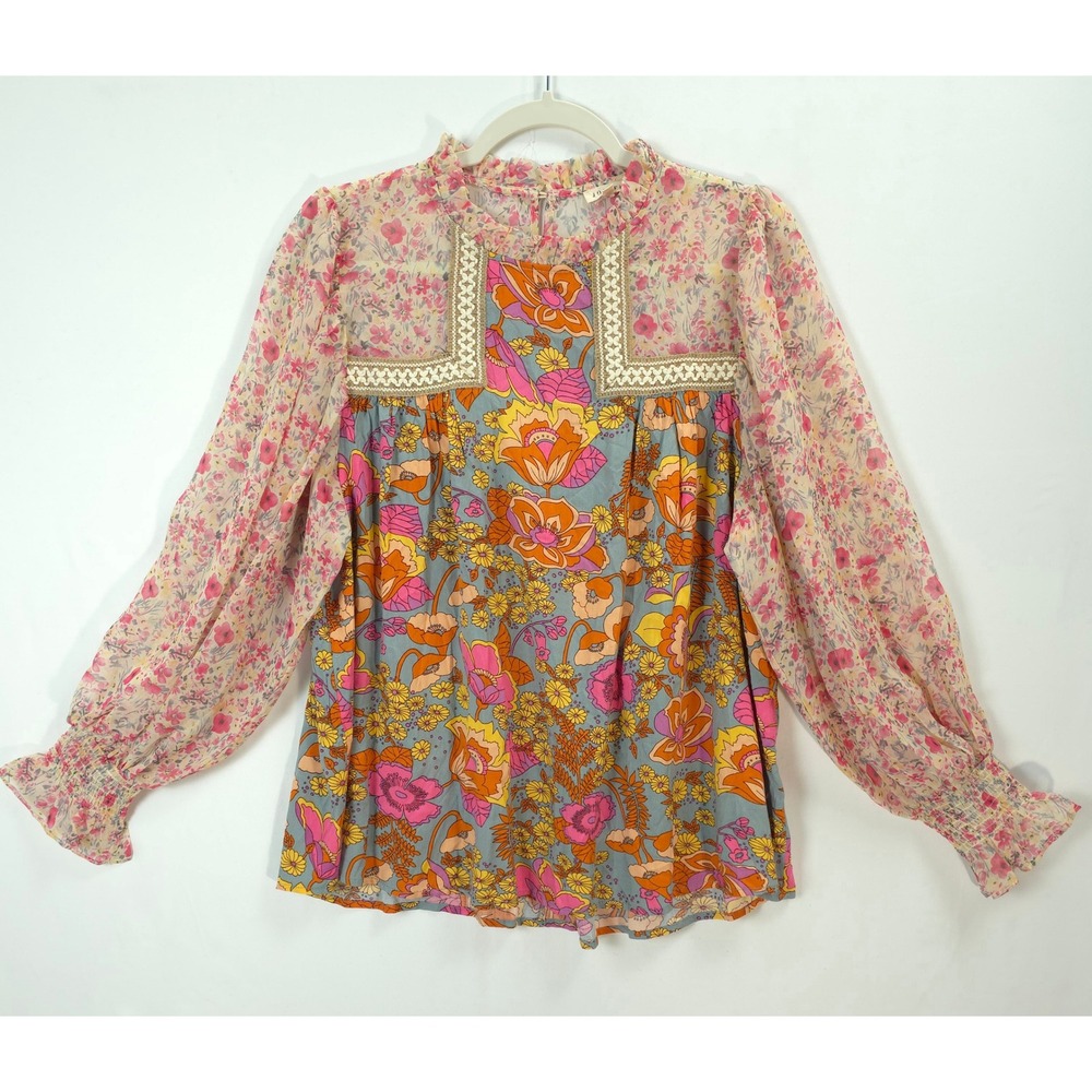 Jodifl Women Boho Blouse S Floral Sheer Sleeve Mixed Print Peasant Top Whimsical